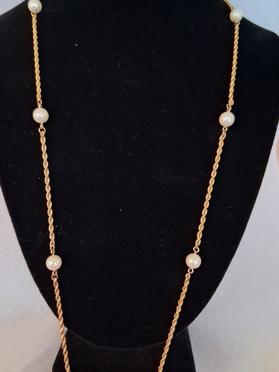 Vintage Jewelry - Vintage Gold Tone Pearl 14 1/2" Long Rope Necklace - Women Jewelry